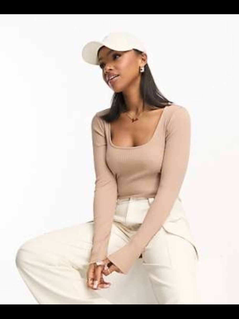 Women’s Long Sleeve Scooped Square Neck Ribbed Top in Beige